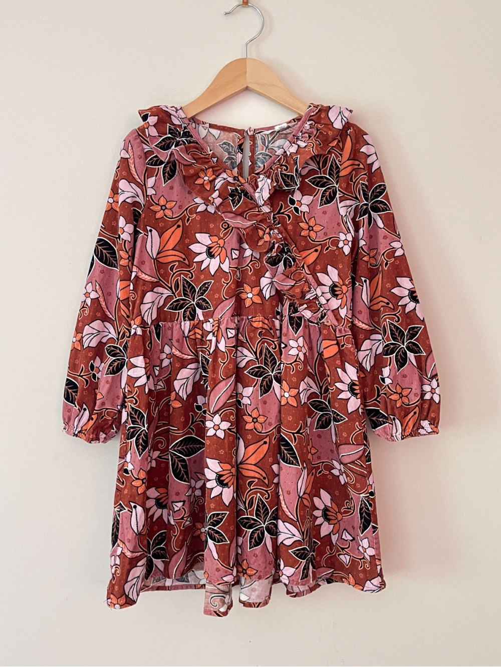 COUNTRY ROAD EUC Neutral Terracotta Floral Corduroy Ruffle Long Sleeve Dress